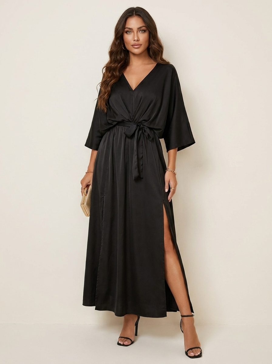 Women's Belted V-Neck Maxi Dress – Batwing Sleeve High Slit Evening Dress