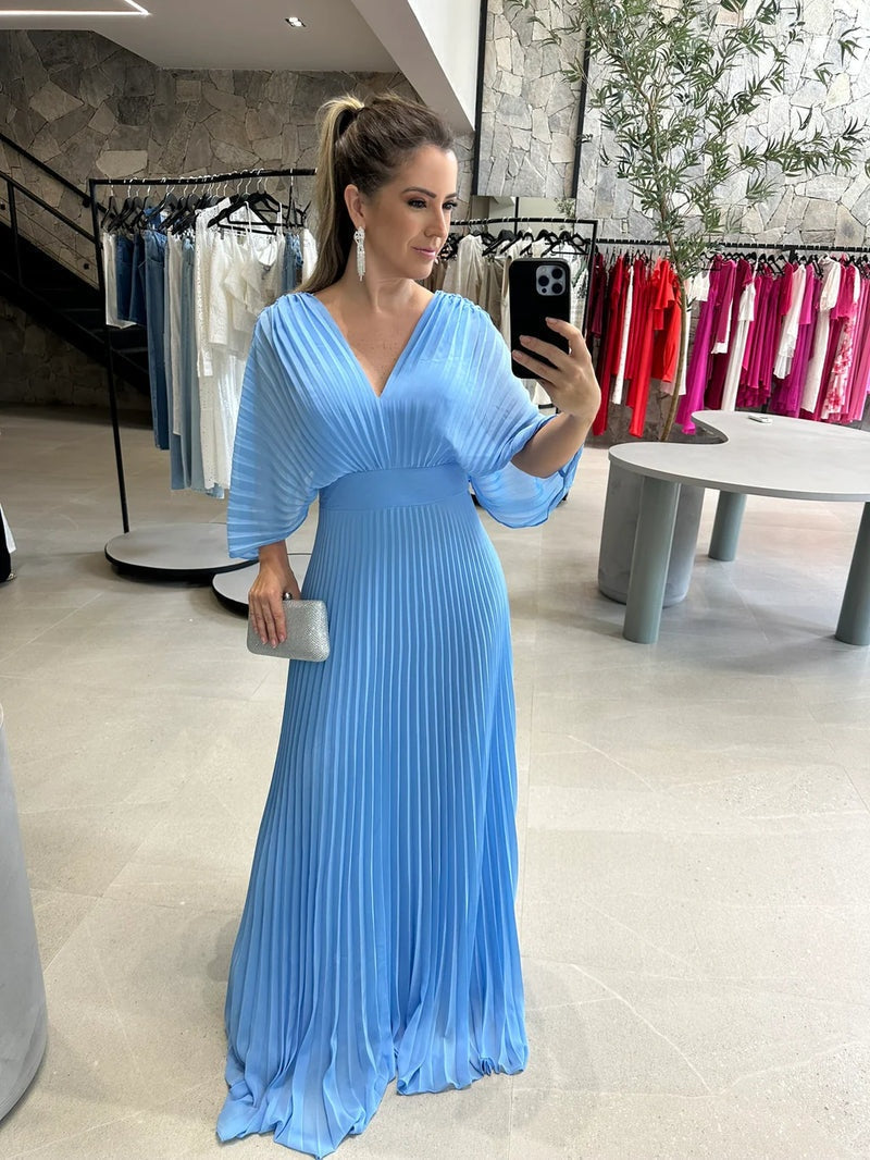 Women's Bell Sleeve Maxi Dress – Pleated Occasion Dress