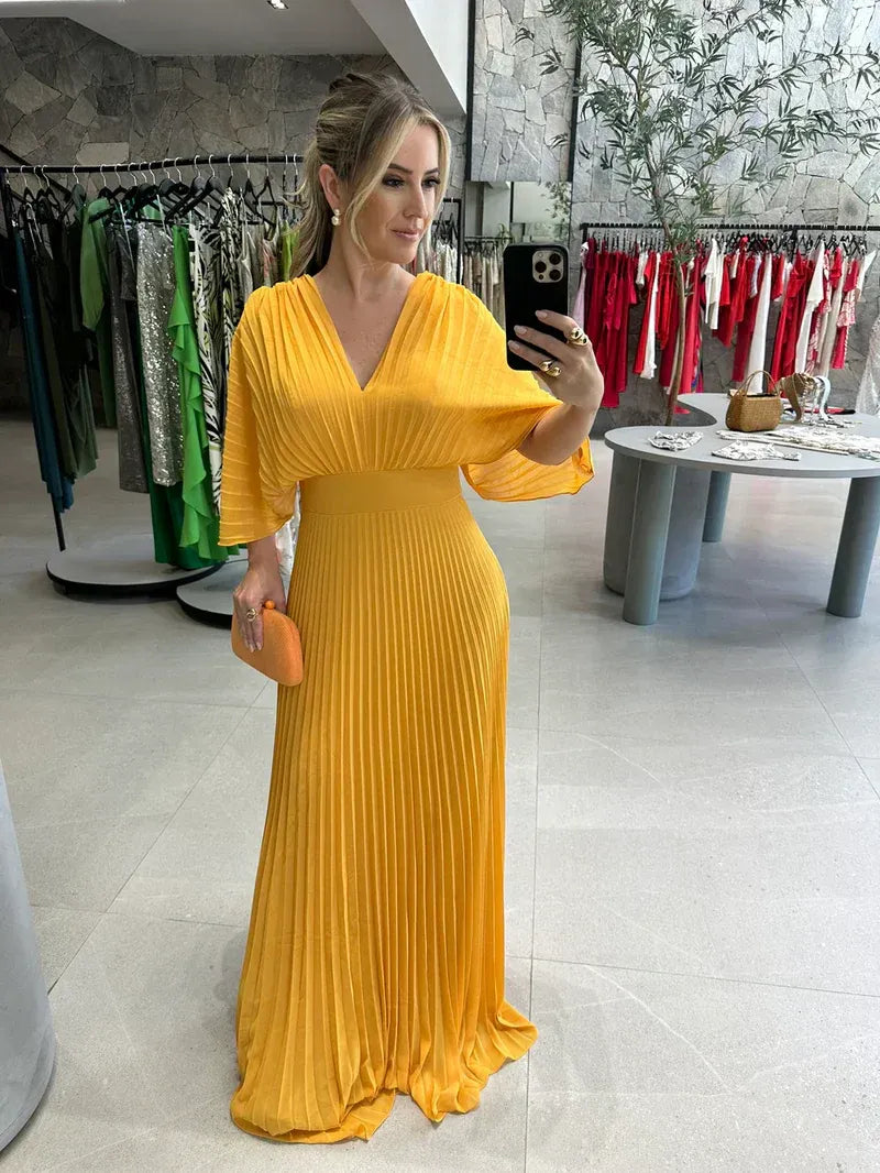 Women's Bell Sleeve Maxi Dress – Pleated Occasion Dress