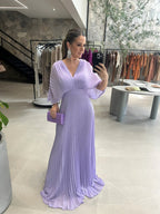 Women's Bell Sleeve Maxi Dress – Pleated Occasion Dress