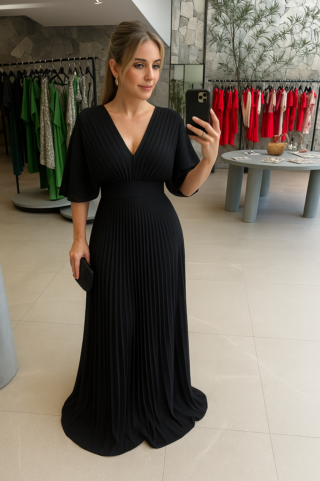 Women's Bell Sleeve Maxi Dress – Pleated Occasion Dress
