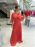 Women's Bell Sleeve Maxi Dress – Pleated Occasion Dress