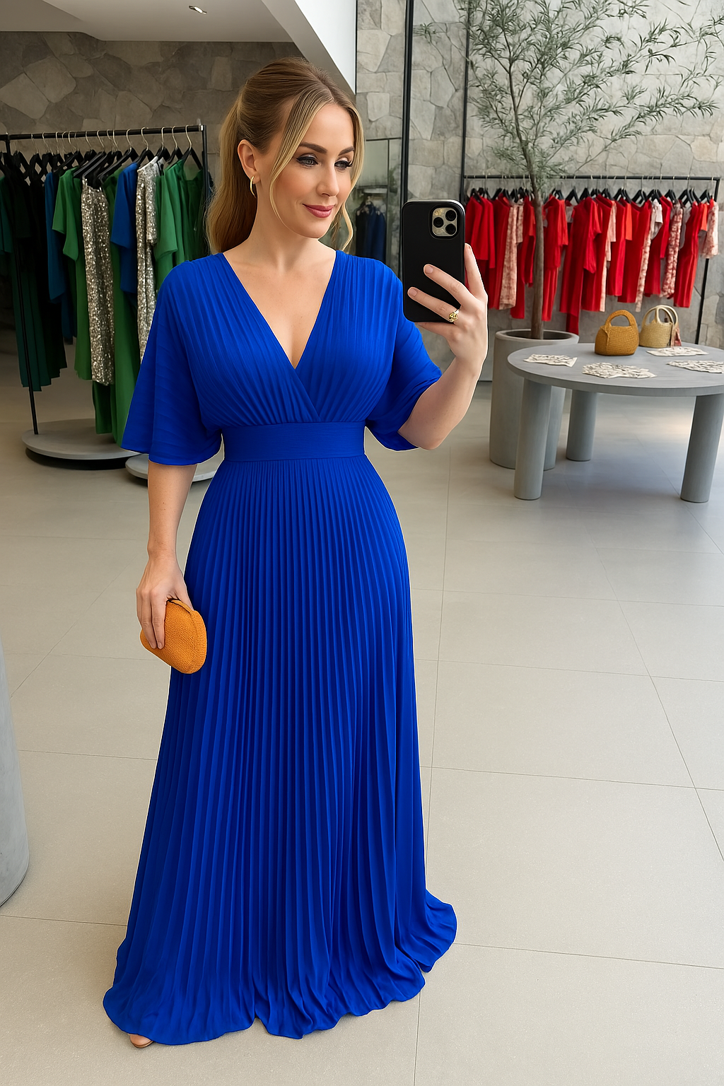 Women's Bell Sleeve Maxi Dress – Pleated Occasion Dress