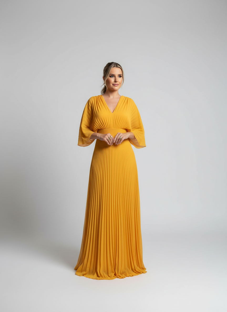 Women's Bell Sleeve Maxi Dress – Pleated Occasion Dress