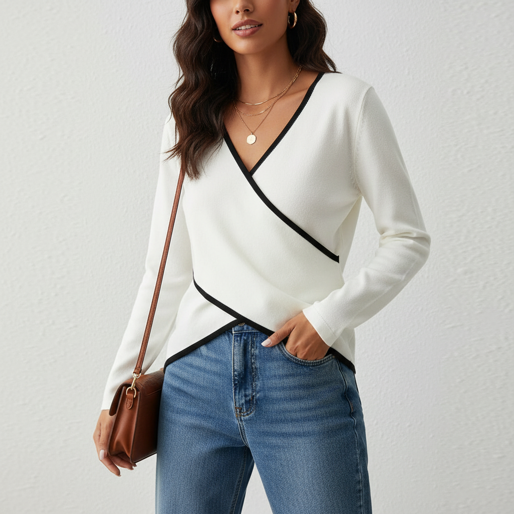 Women's Wrap Front Top – Fitted Waist Long Sleeve Wrap Top