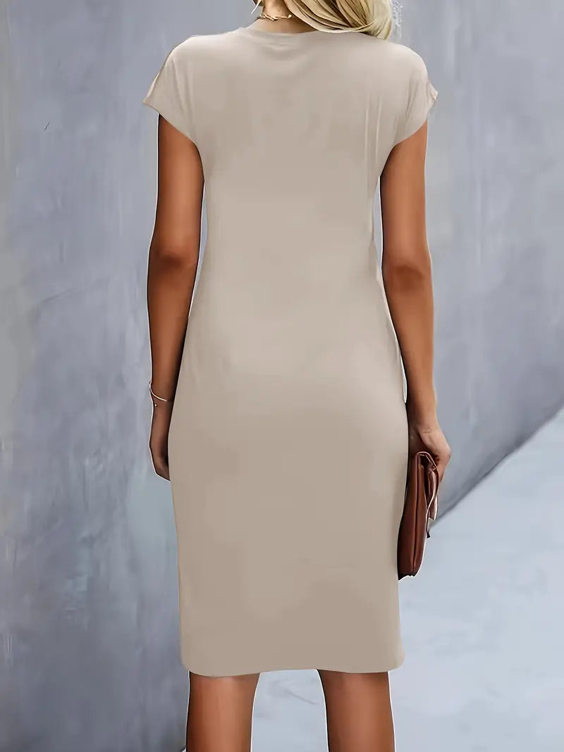 Women's Round Neck Midi Dress – Tailored Waist Day-to-Evening Dress