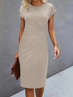 Women's Round Neck Midi Dress – Tailored Waist Day-to-Evening Dress