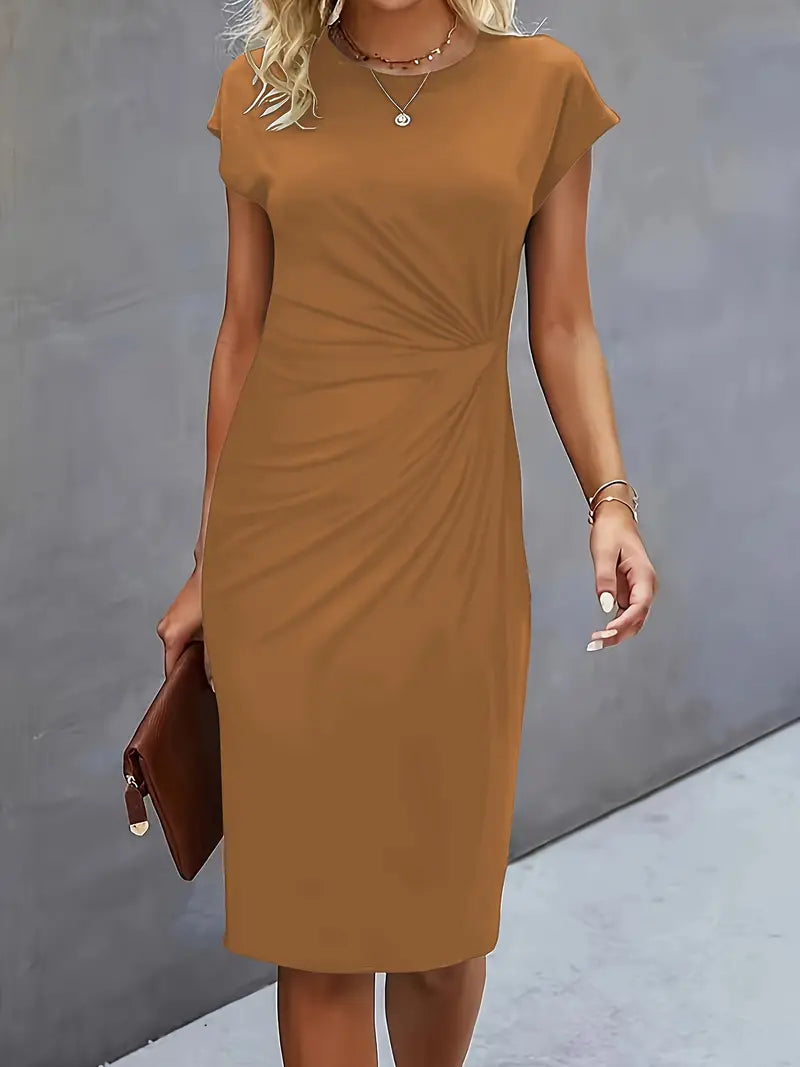 Women's Round Neck Midi Dress – Tailored Waist Day-to-Evening Dress