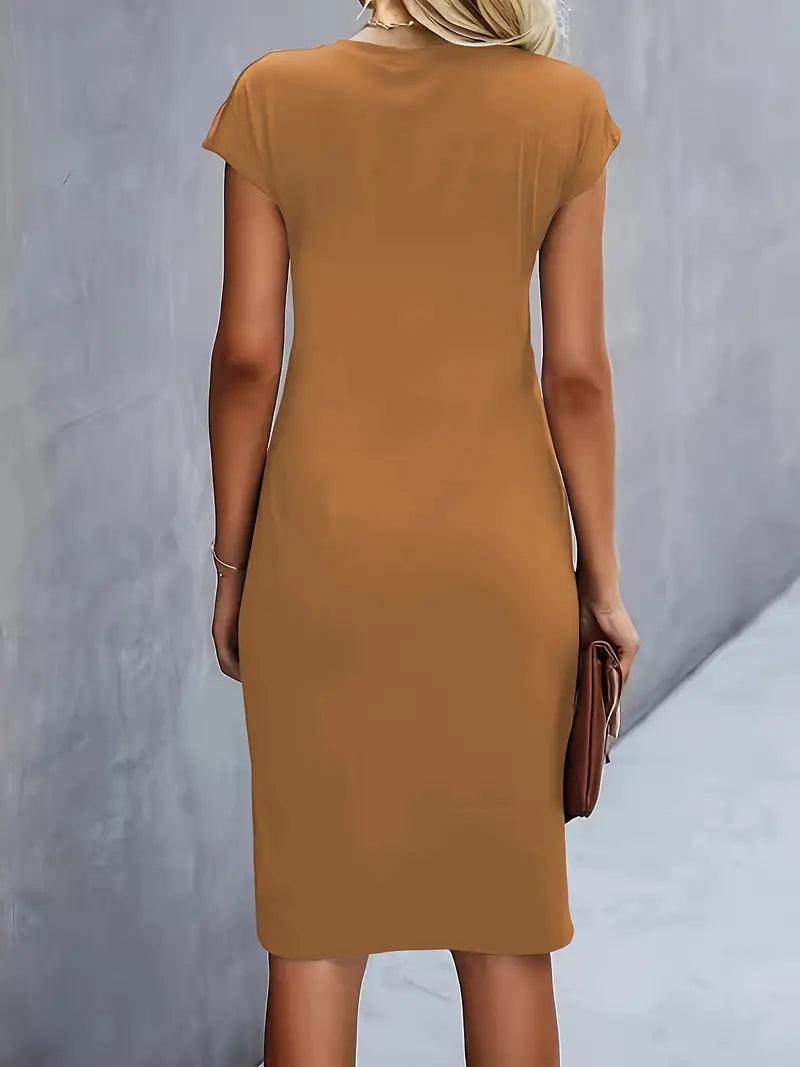 Women's Round Neck Midi Dress – Tailored Waist Day-to-Evening Dress