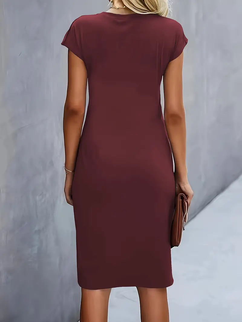 Women's Round Neck Midi Dress – Tailored Waist Day-to-Evening Dress