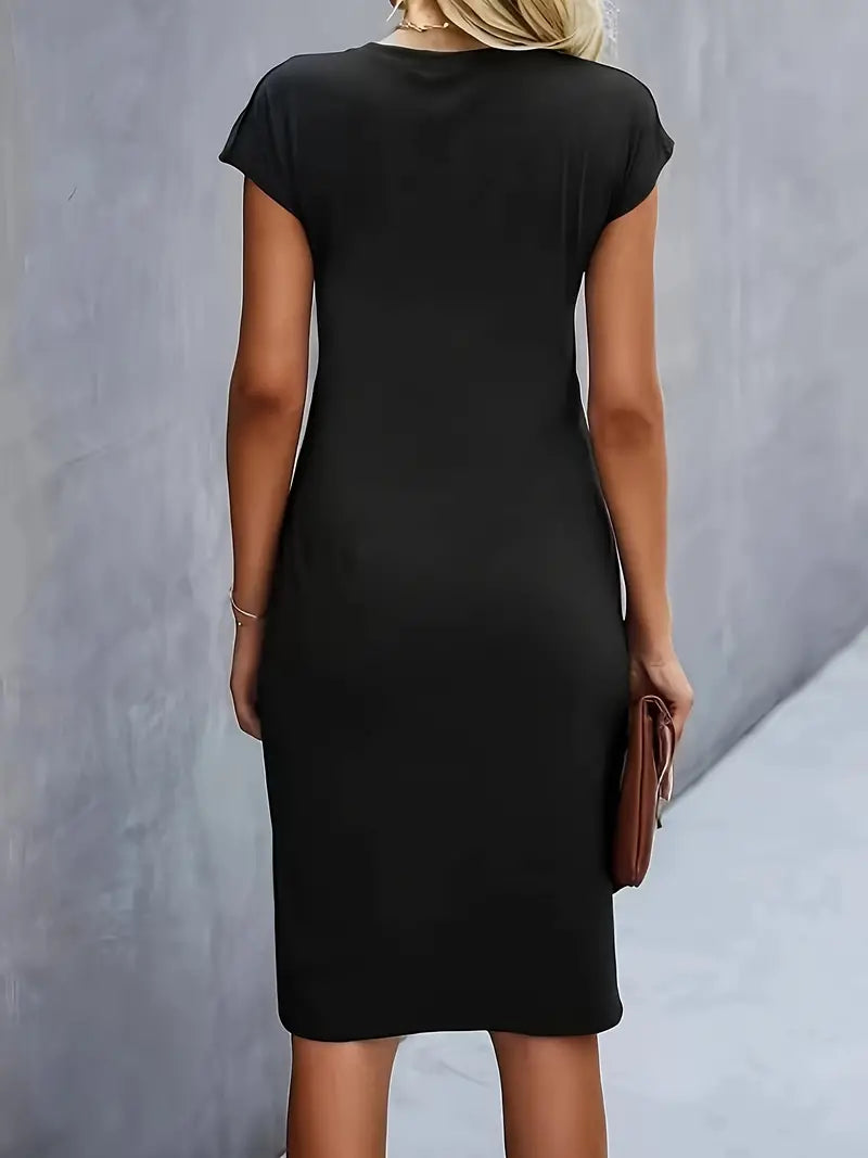 Women's Round Neck Midi Dress – Tailored Waist Day-to-Evening Dress
