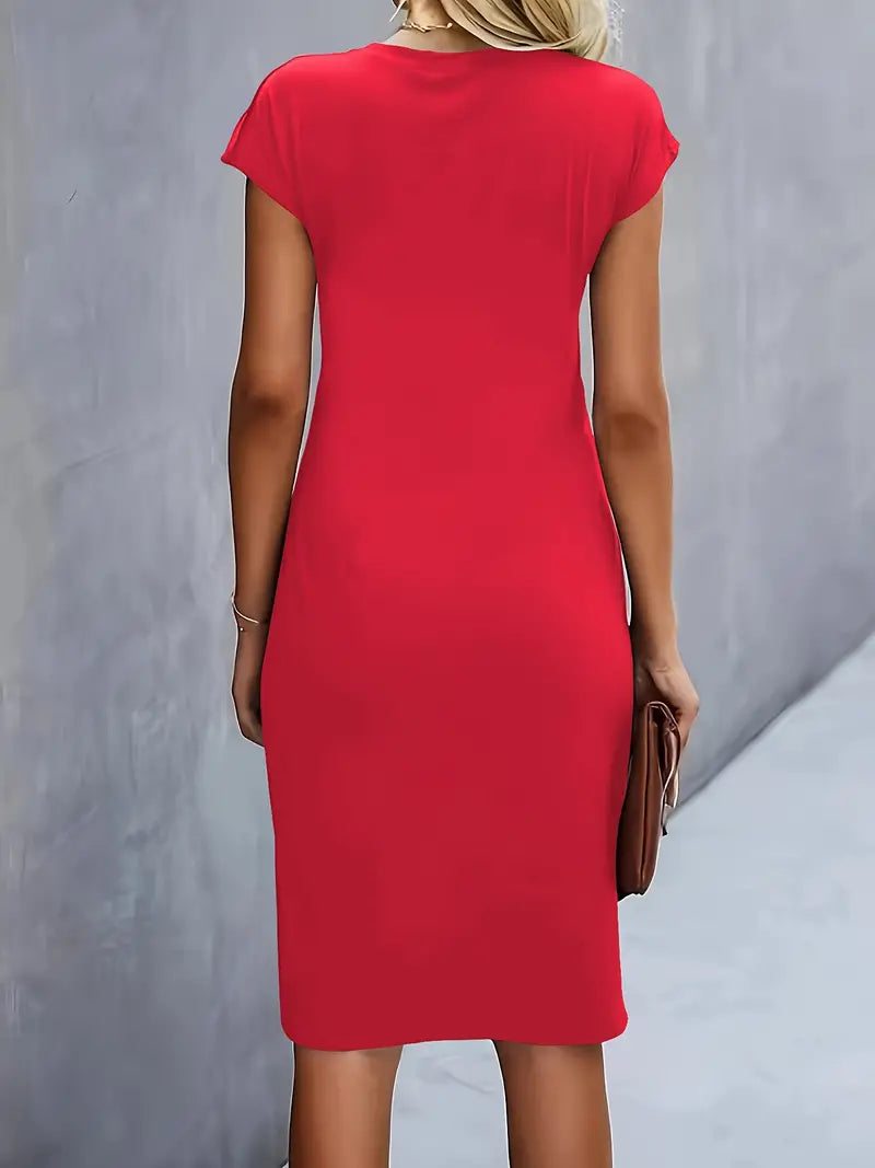 Women's Round Neck Midi Dress – Tailored Waist Day-to-Evening Dress