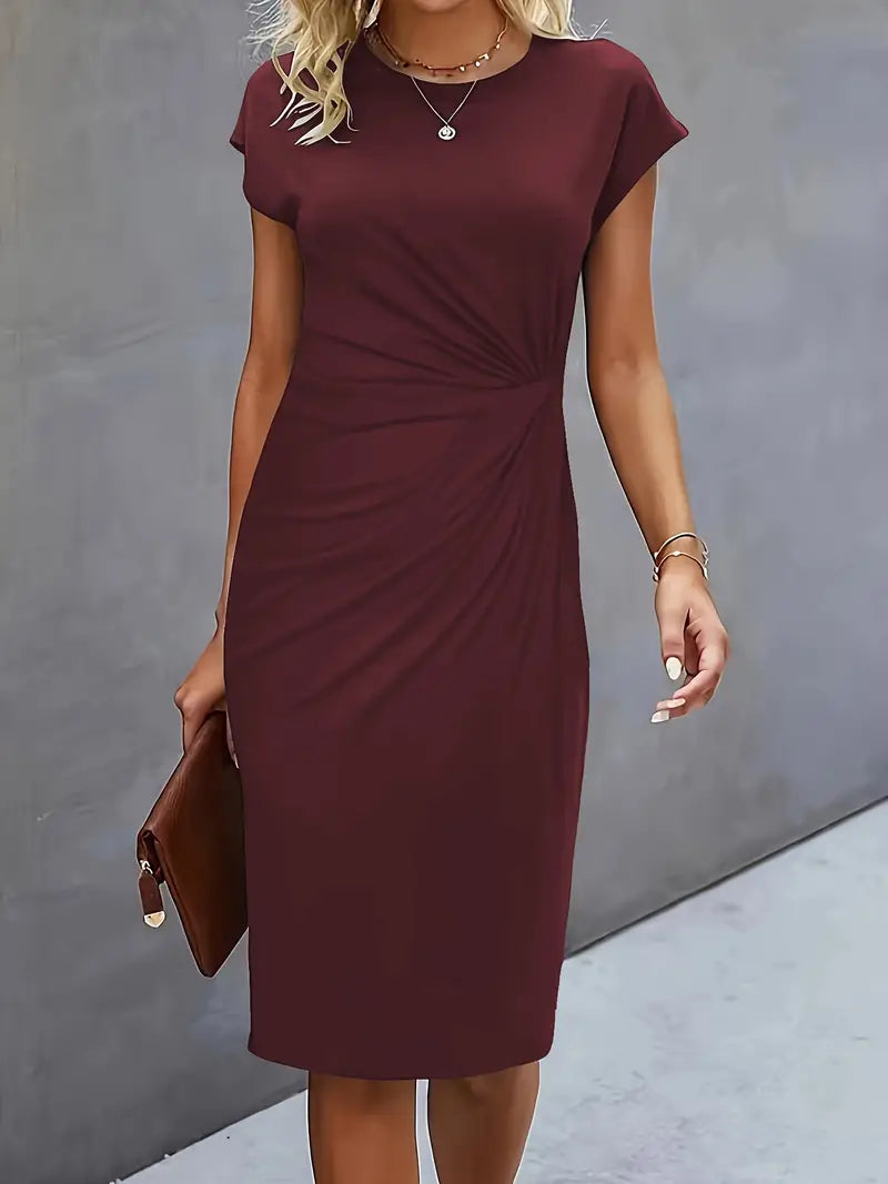 Women's Round Neck Midi Dress – Tailored Waist Day-to-Evening Dress