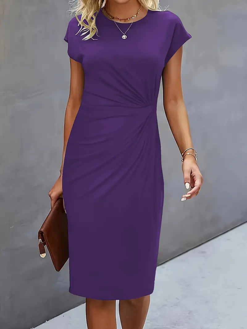 Women's Round Neck Midi Dress – Tailored Waist Day-to-Evening Dress