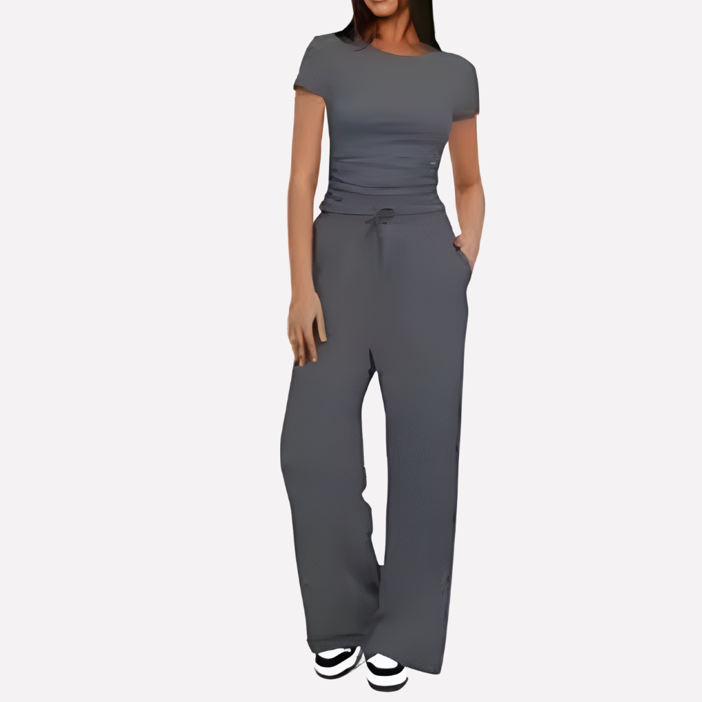 Women's Wide Leg Lounge Set – Ruffle Crop Top Matching Pants Set