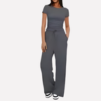 Women's Wide Leg Lounge Set – Ruffle Crop Top Matching Pants Set