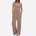 Women's Wide Leg Lounge Set – Ruffle Crop Top Matching Pants Set