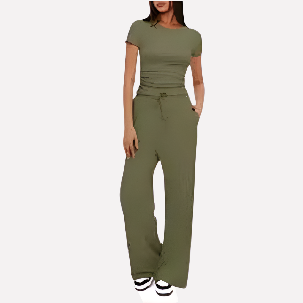 Women's Wide Leg Lounge Set – Ruffle Crop Top Matching Pants Set
