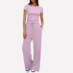 Women's Wide Leg Lounge Set – Ruffle Crop Top Matching Pants Set