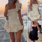 Women's Floral Applique Mini Dress – Ruffle Strap Cocktail Dress