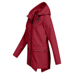 Women's Hooded Mid-Length Jacket – Zip-Up Flap Pocket Outdoor Jacket