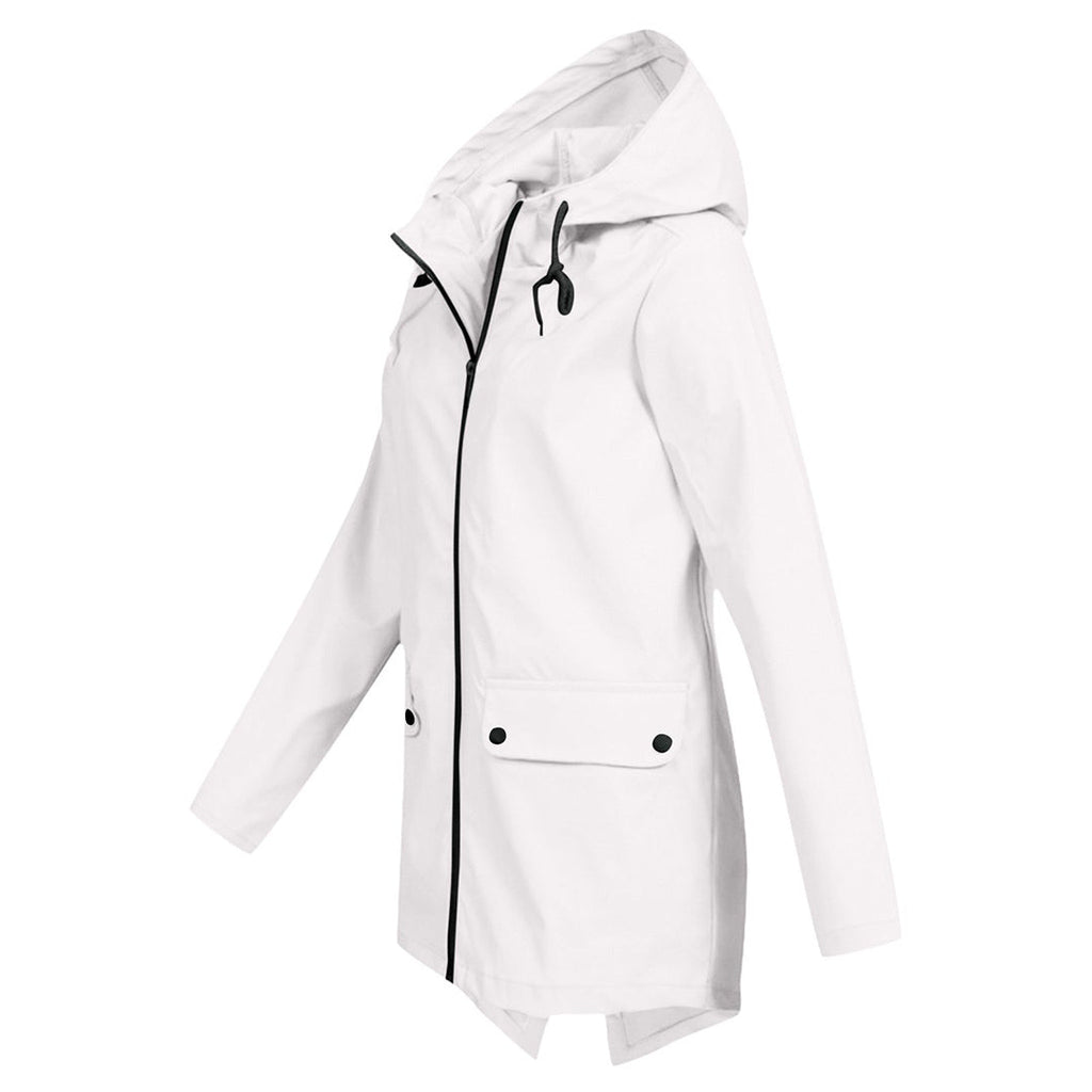 Women's Hooded Mid-Length Jacket – Zip-Up Flap Pocket Outdoor Jacket