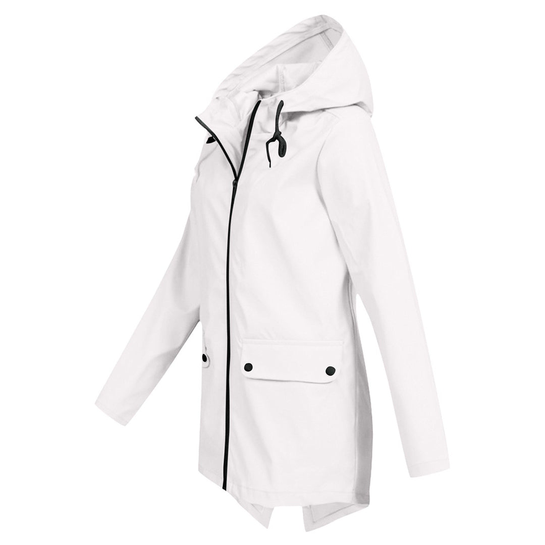 Women's Hooded Mid-Length Jacket – Zip-Up Flap Pocket Outdoor Jacket