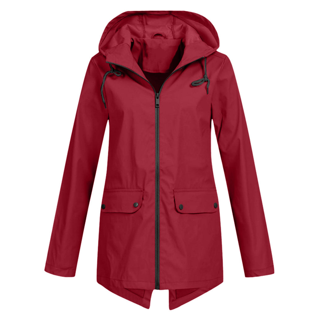 Women's Hooded Mid-Length Jacket – Zip-Up Flap Pocket Outdoor Jacket