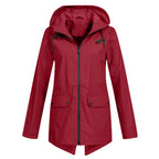 Women's Hooded Mid-Length Jacket – Zip-Up Flap Pocket Outdoor Jacket