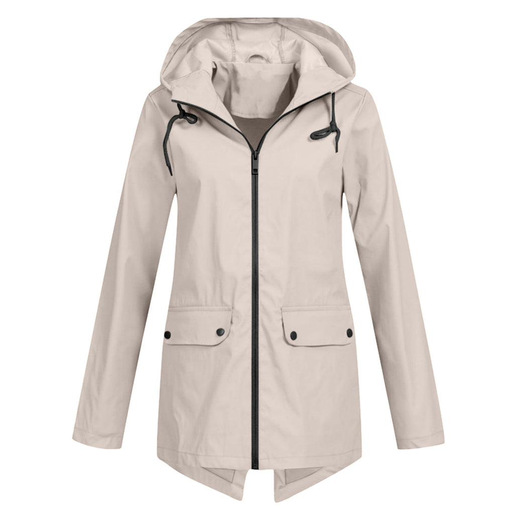 Women's Hooded Mid-Length Jacket – Zip-Up Flap Pocket Outdoor Jacket