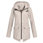 Women's Hooded Mid-Length Jacket – Zip-Up Flap Pocket Outdoor Jacket