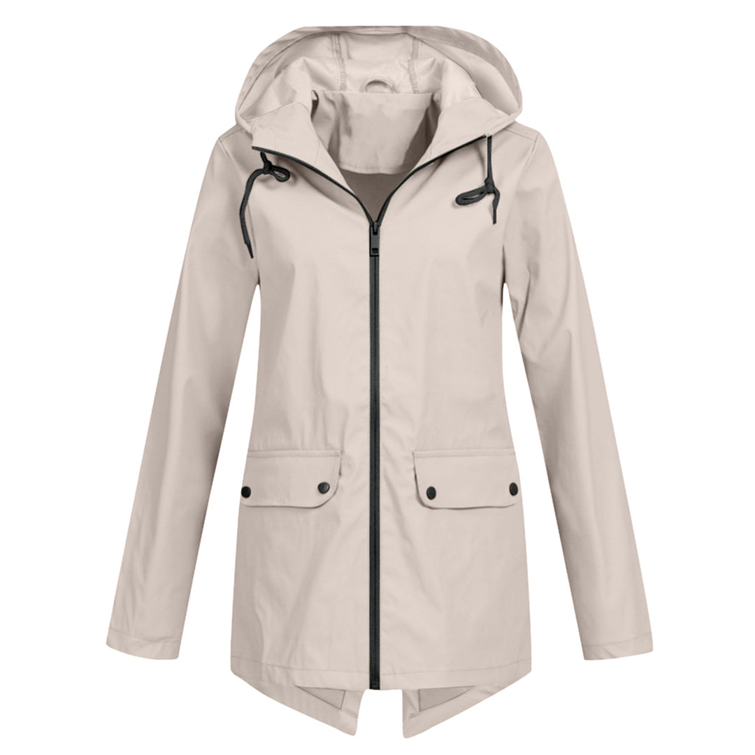 Women's Hooded Mid-Length Jacket – Zip-Up Flap Pocket Outdoor Jacket