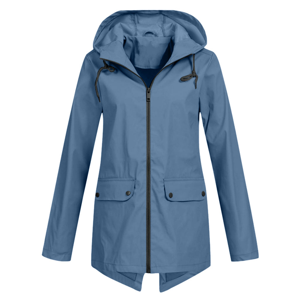 Women's Hooded Mid-Length Jacket – Zip-Up Flap Pocket Outdoor Jacket