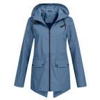 Women's Hooded Mid-Length Jacket – Zip-Up Flap Pocket Outdoor Jacket