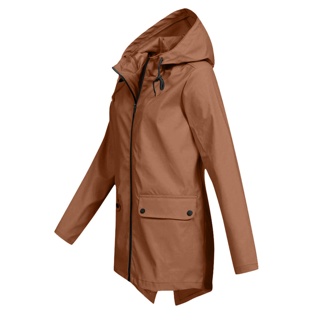 Women's Hooded Mid-Length Jacket – Zip-Up Flap Pocket Outdoor Jacket