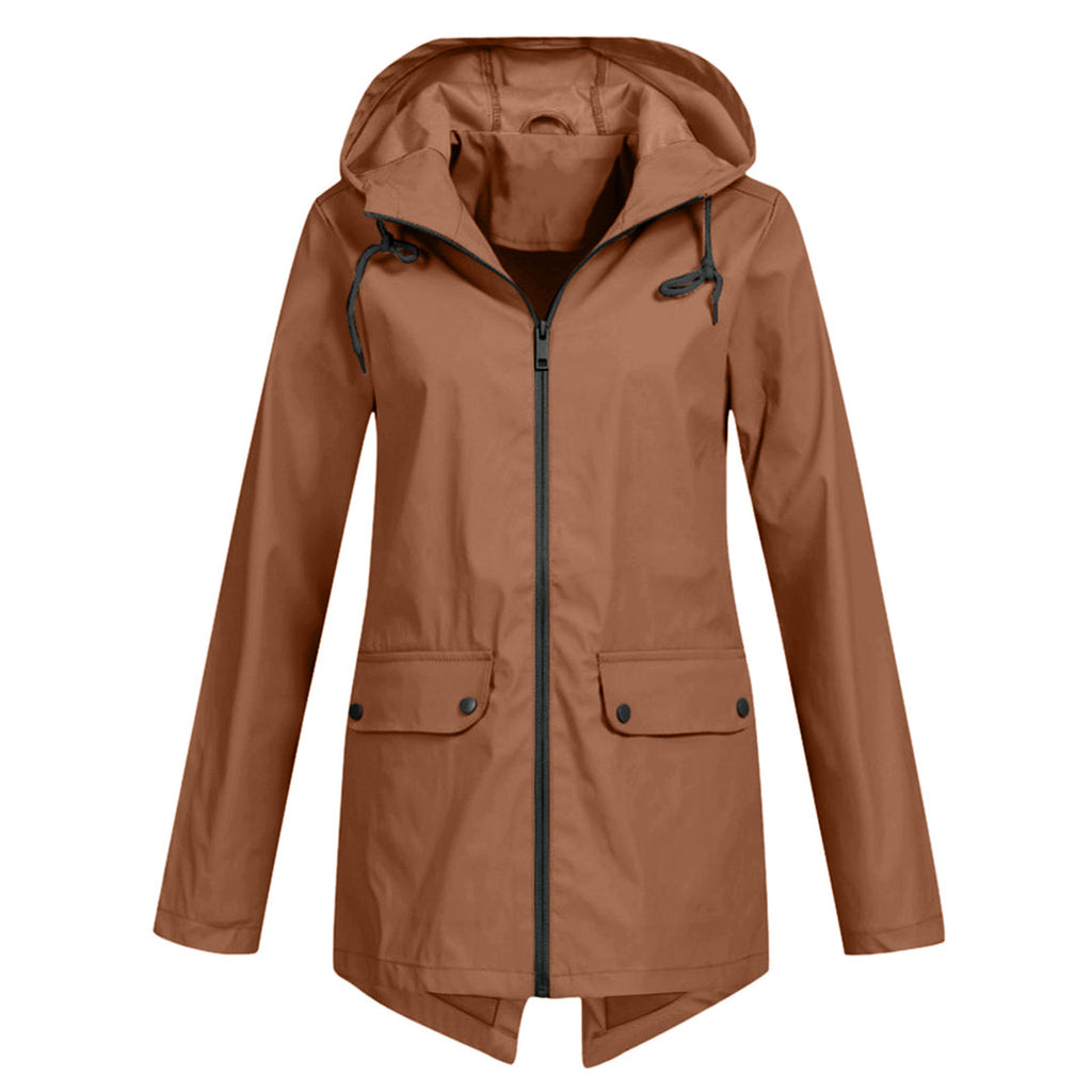 Women's Hooded Mid-Length Jacket – Zip-Up Flap Pocket Outdoor Jacket