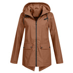 Women's Hooded Mid-Length Jacket – Zip-Up Flap Pocket Outdoor Jacket