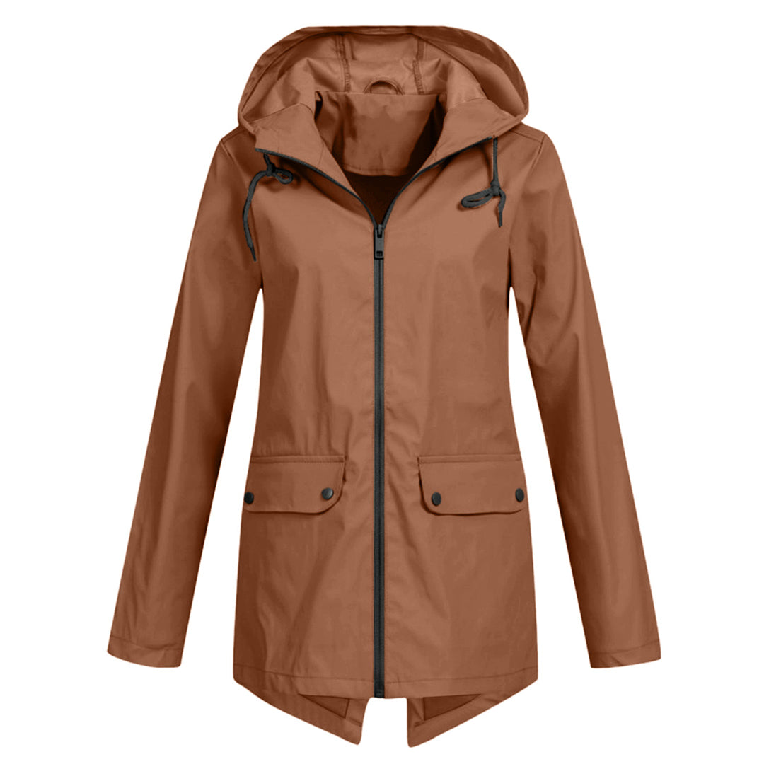 Women's Hooded Mid-Length Jacket – Zip-Up Flap Pocket Outdoor Jacket