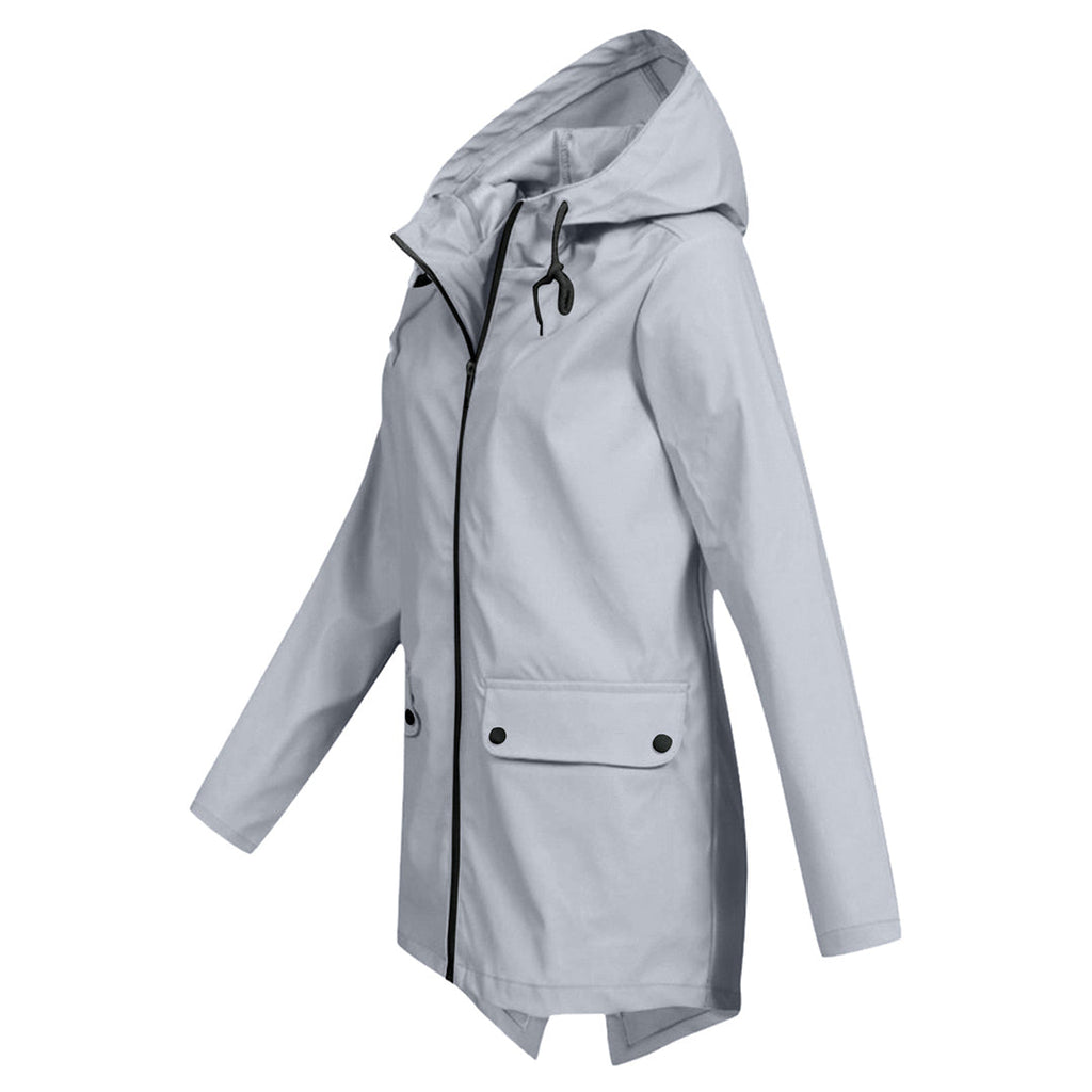 Women's Hooded Mid-Length Jacket – Zip-Up Flap Pocket Outdoor Jacket
