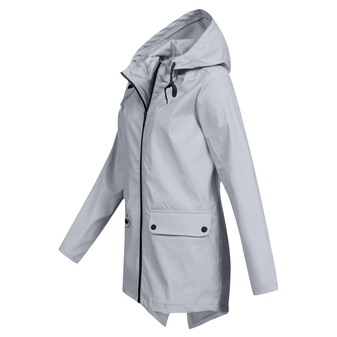 Women's Hooded Mid-Length Jacket – Zip-Up Flap Pocket Outdoor Jacket