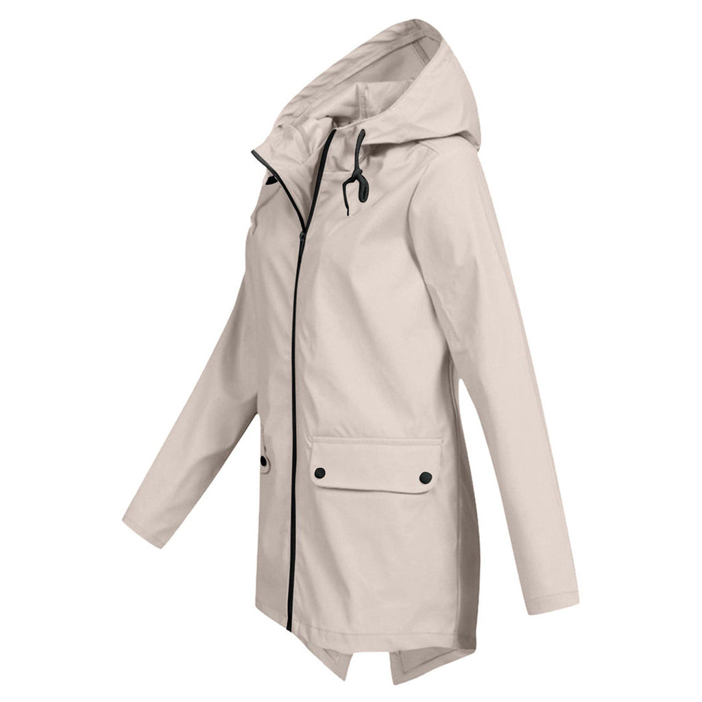 Women's Hooded Mid-Length Jacket – Zip-Up Flap Pocket Outdoor Jacket