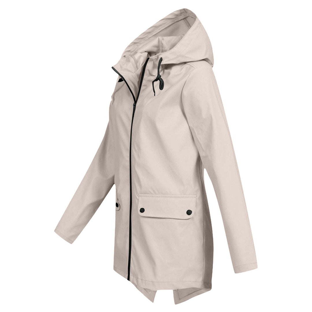 Women's Hooded Mid-Length Jacket – Zip-Up Flap Pocket Outdoor Jacket