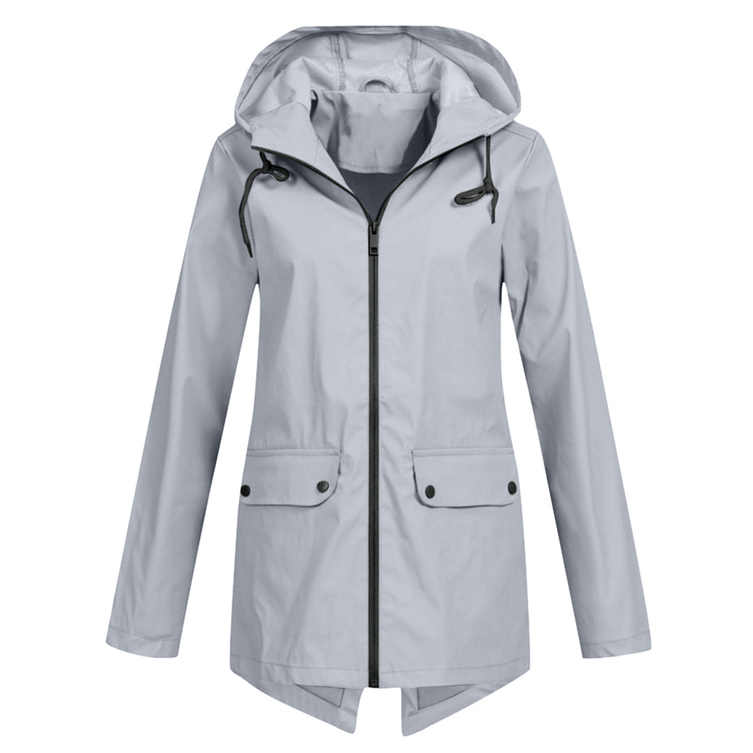 Women's Hooded Mid-Length Jacket – Zip-Up Flap Pocket Outdoor Jacket