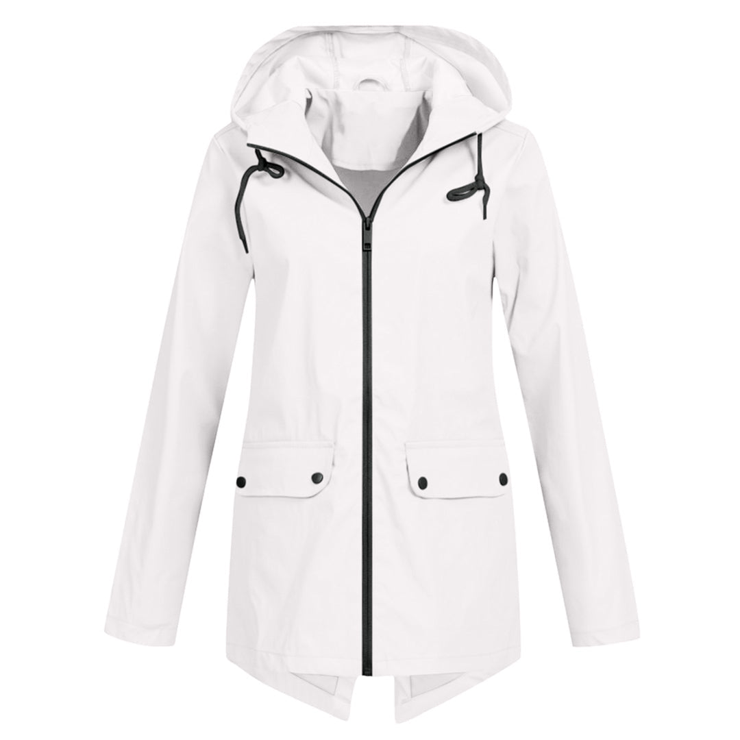 Women's Hooded Mid-Length Jacket – Zip-Up Flap Pocket Outdoor Jacket