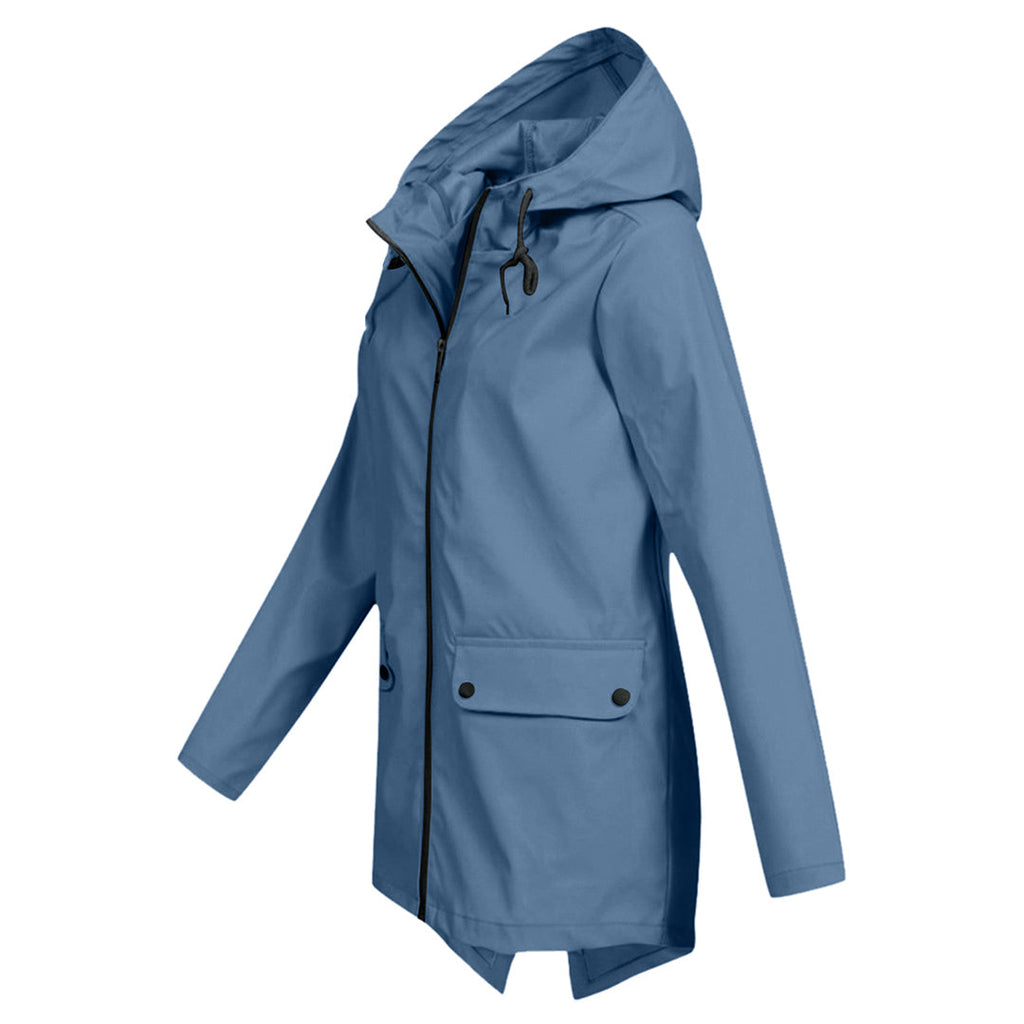 Women's Hooded Mid-Length Jacket – Zip-Up Flap Pocket Outdoor Jacket