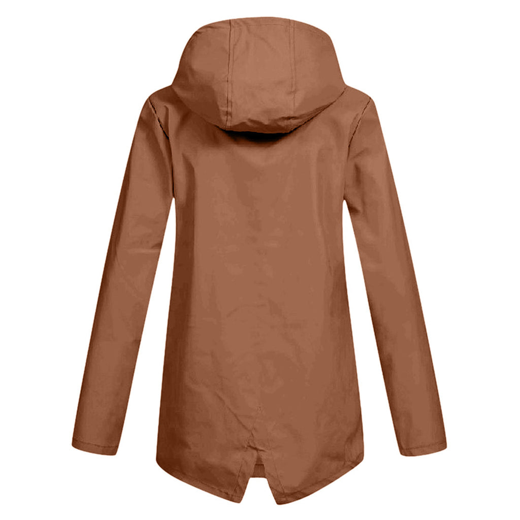 Women's Hooded Mid-Length Jacket – Zip-Up Flap Pocket Outdoor Jacket