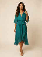 Women's V-Neck Wrap Midi Dress – Tie Waist Billowy Sleeve Cocktail Dress