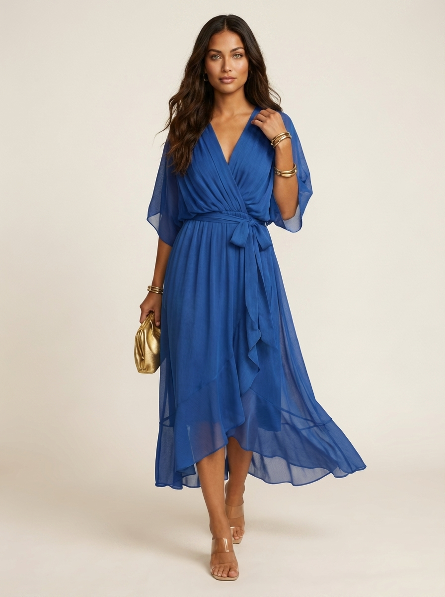 Women's V-Neck Wrap Midi Dress – Tie Waist Billowy Sleeve Cocktail Dress