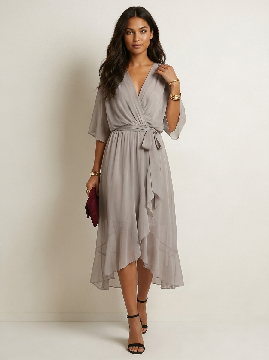 Women's V-Neck Wrap Midi Dress – Tie Waist Billowy Sleeve Cocktail Dress