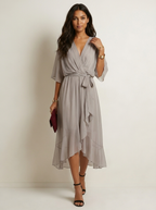 Women's V-Neck Wrap Midi Dress – Tie Waist Billowy Sleeve Cocktail Dress